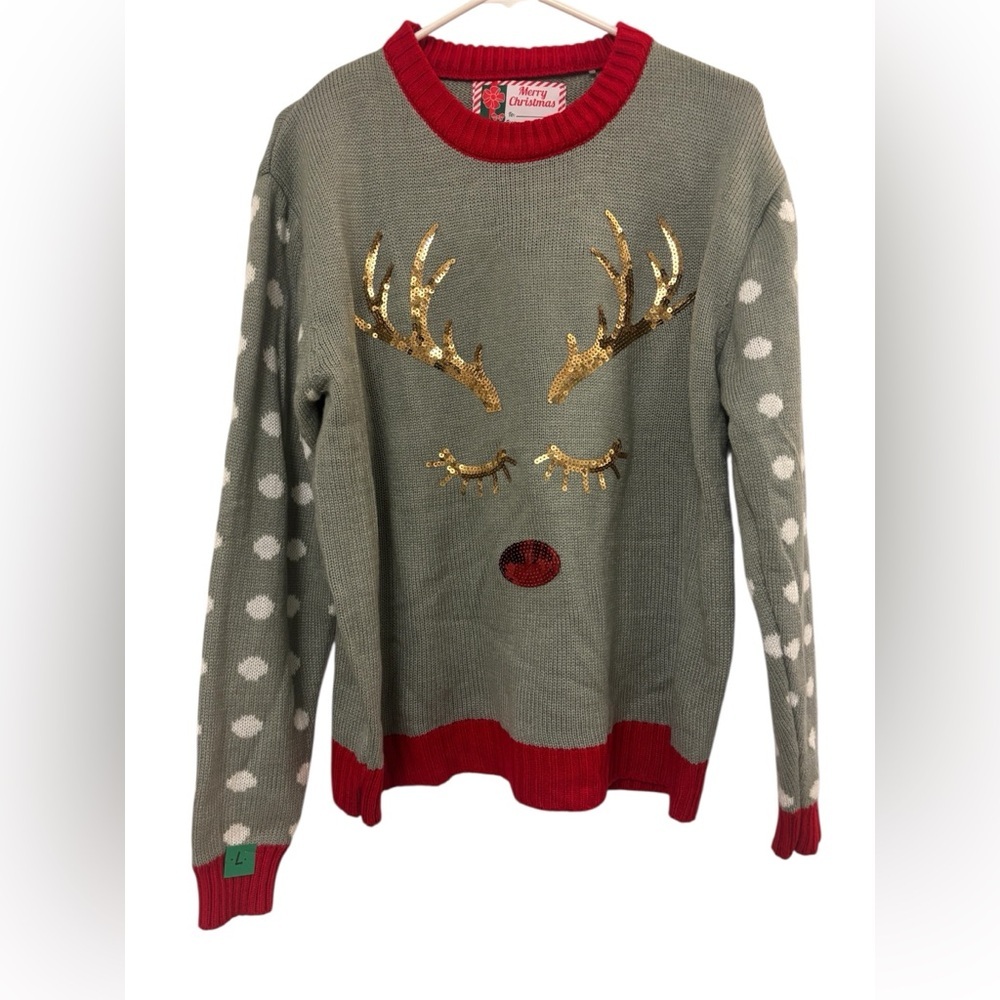 Merry Christmas Ugly Reindeer Sweater - Gray, Red, and Gold